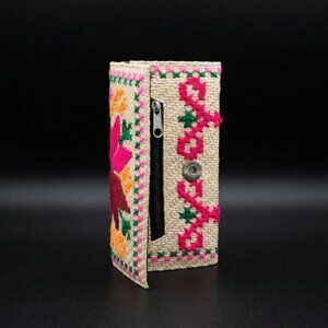 Tan Woven Folk Art Bifold Wallet - Abstract Pink/Red Floral - Magnetic Snap